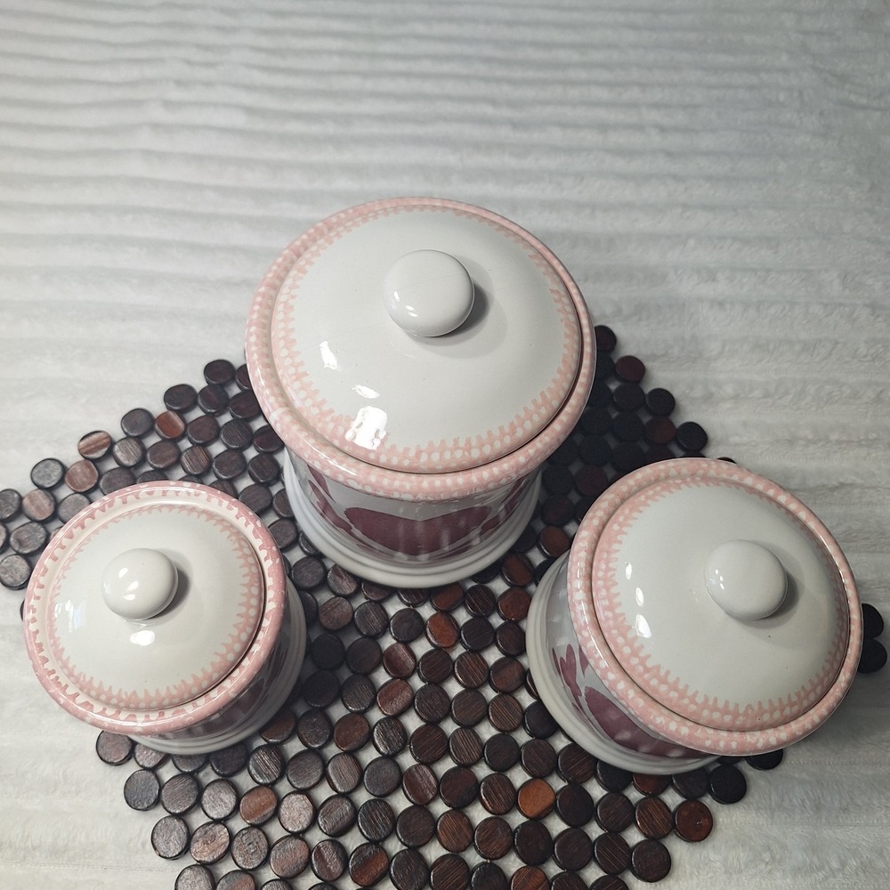 3 Pc Pink Heart Sponge Ware Ceramic Canisters Cottage Country Kitchen 90's - Picture 2 of 12